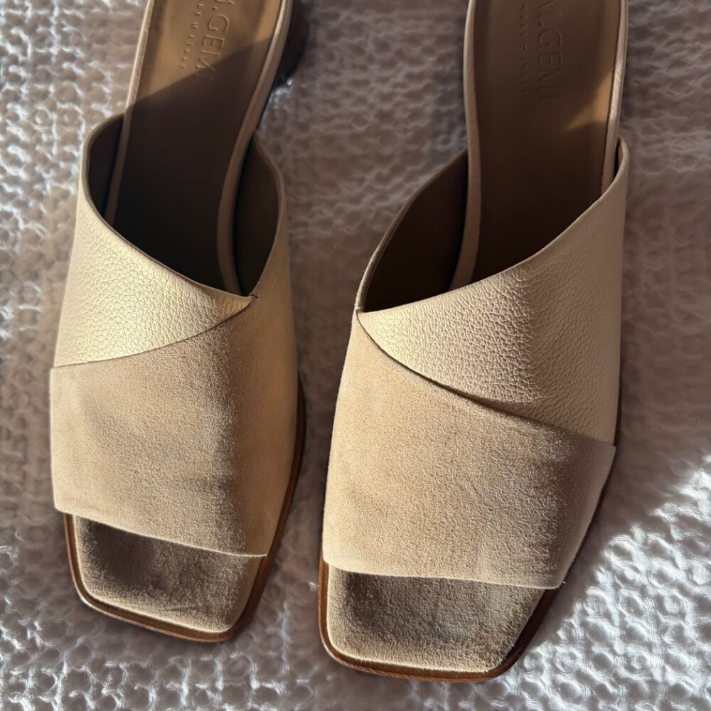 M.Gemi Leather Slide Sandals 42/11 Beige Square Toe Block Heel Mule Made in Ital